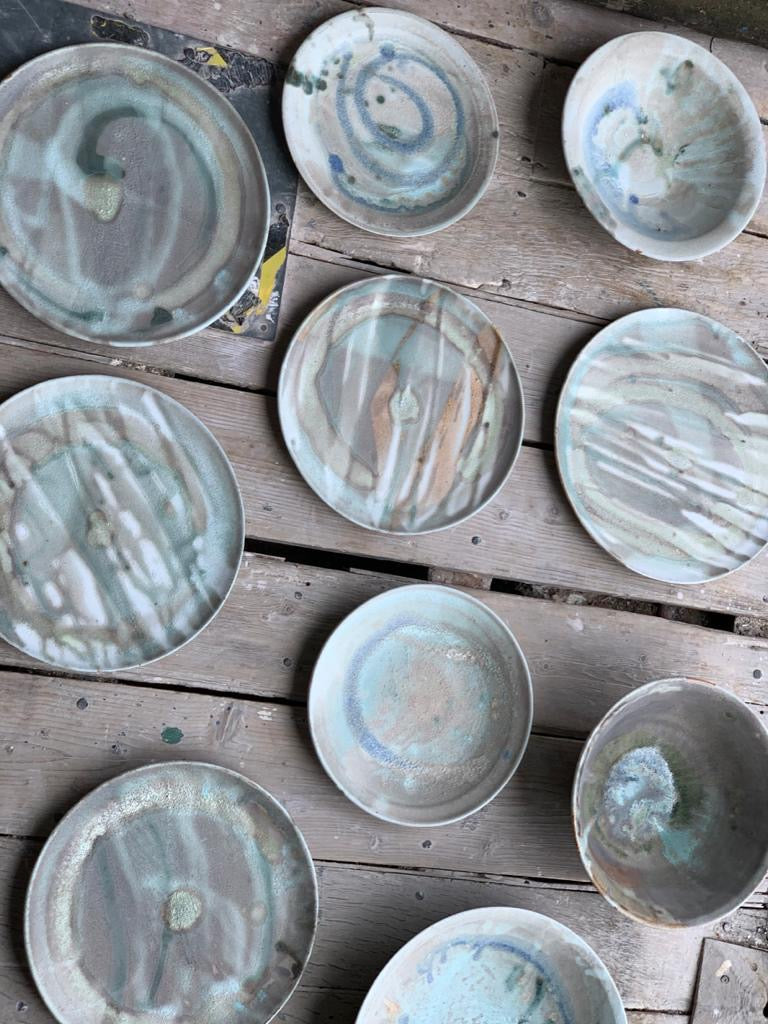 Calm chaos Plate, blue stone & sand striped glaze (Made to Oder)