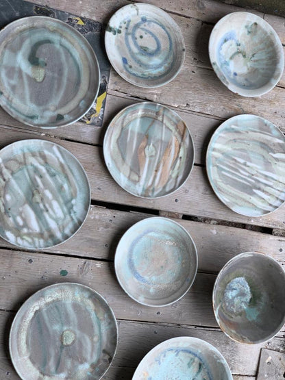 Calm chaos Plate, blue stone & sand striped glaze (Made to Oder)